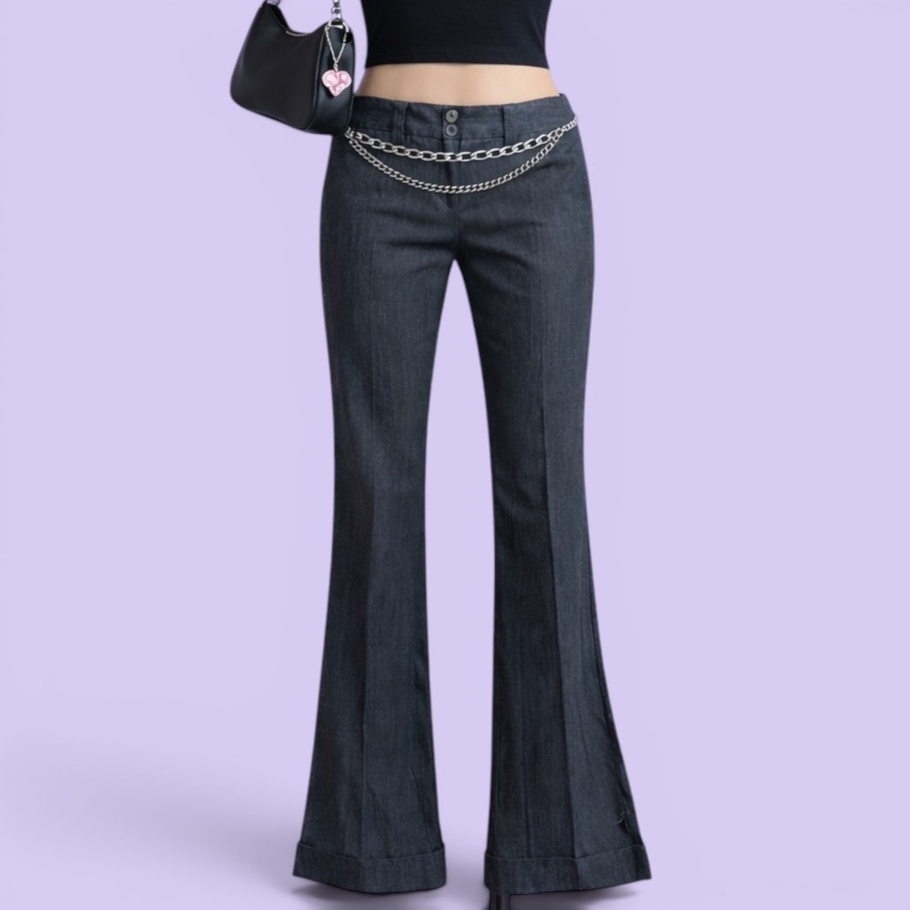Star City Dana Vintage Y2K Grey Herringbone Flare Leg Cuffed Trousers Size 10